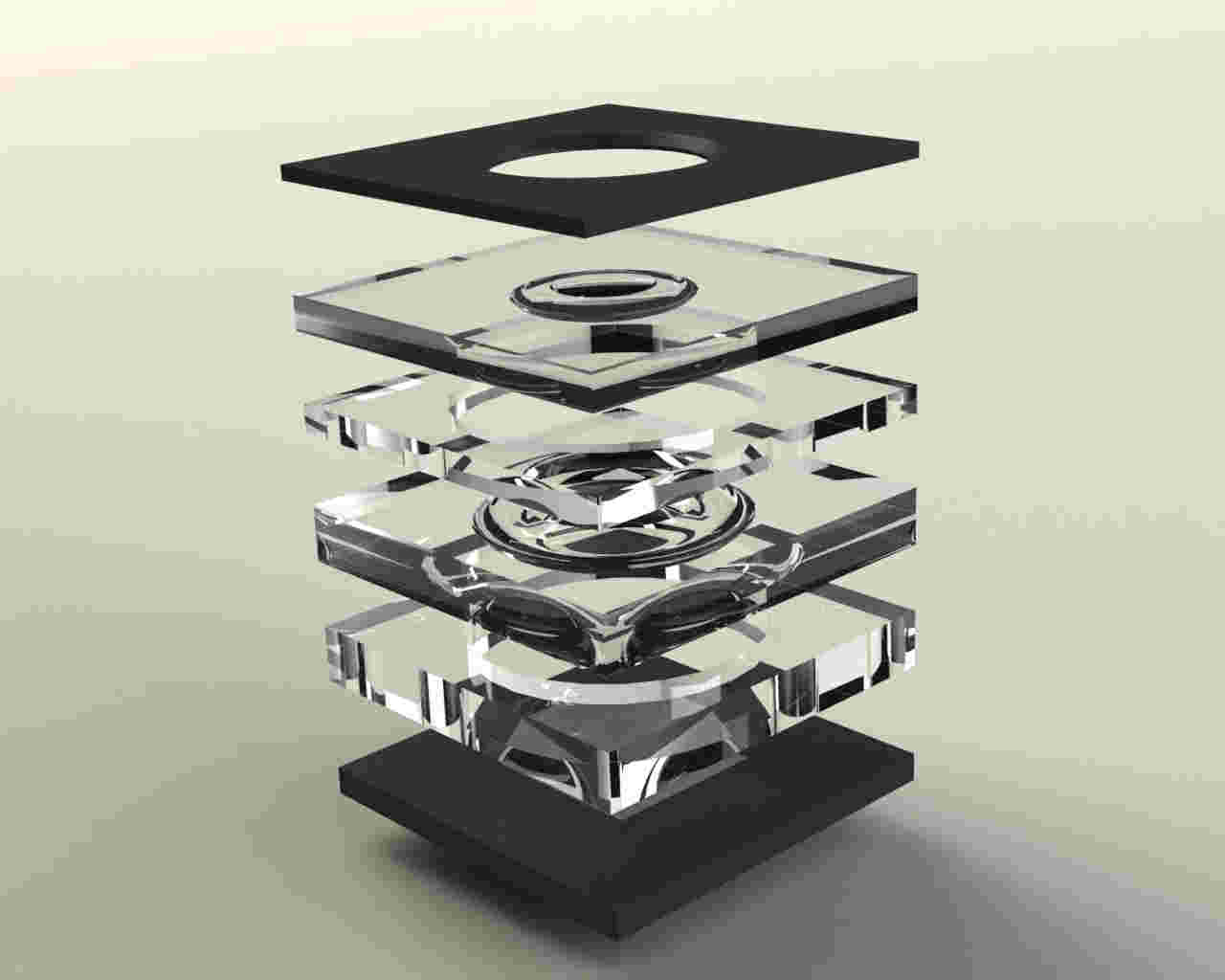Elements of a typical wafer-level camera module include a CMOS image sensor, polymeric lenses molded onto glass carriers using UV imprint lithography, spacers and aperture layers, as shown in this exploded view.