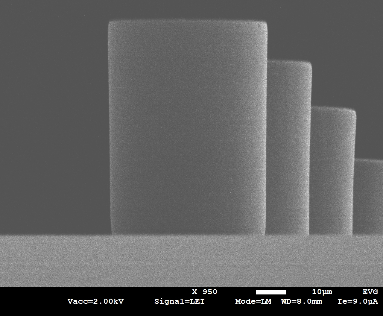 50 μm thick SU-8 exposed pillars, sidewall angle 90° +/- 0.5° utilizing optimized exposure & process methods