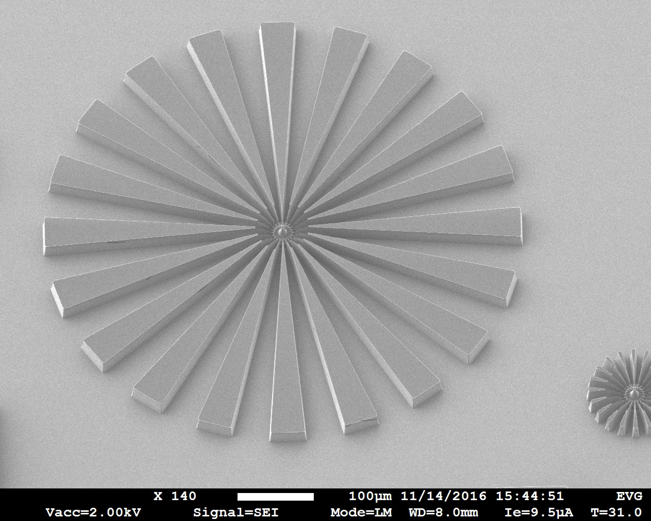 Siemens star showing high resolution capabilities for thick resist patterning