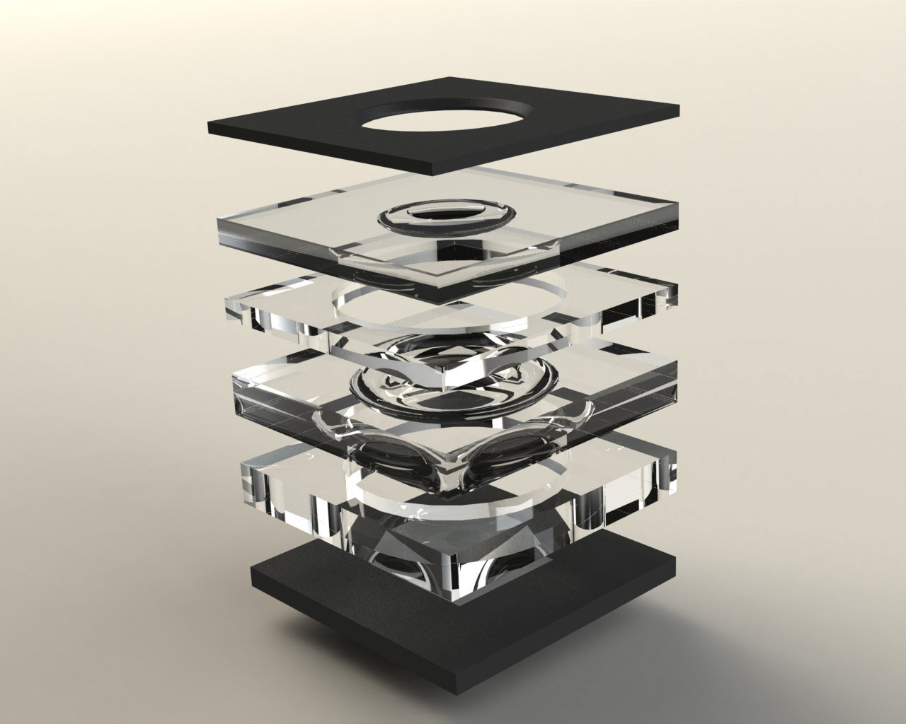 Elements of a typical wafer-level camera module include a CMOS image sensor, polymeric lenses molded onto glass carriers using UV imprint lithography, spacers and aperture layers, as shown in this exploded view.